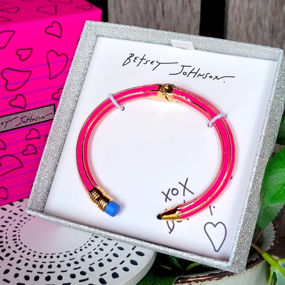 NEW Betsey Johnson PINK pencil hinged bangle with gold-toned hardware & gift box